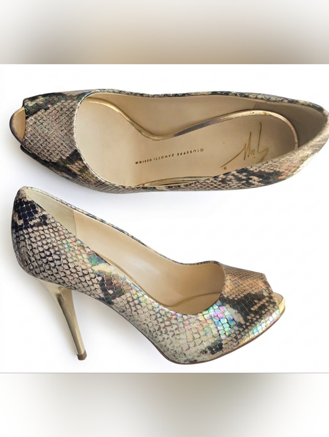 Giuseppe Zanotti Iridescent Gold Snakeskin Peep-Toe Pumps - Size 38 /7.5